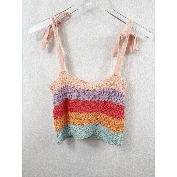 NWOT POL Tie-Shoulder Crochet Crop Top – Rainbow Stripes - Picture 7 of 9